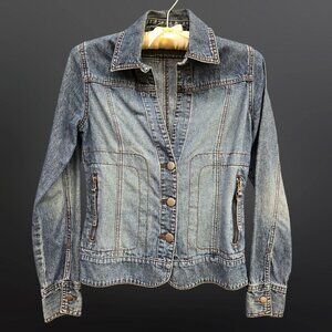 Y2K Fitted Denim Jacket Womens Size XS Grunge Moto Indie Sleaze Western